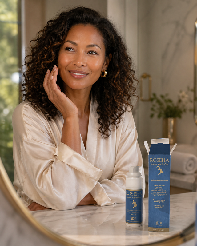 Donna sorridente con Roseha Sistema Viso ProAge