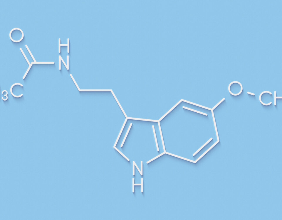 Melatonin hormone molecule. In humans, it plays a role in circad